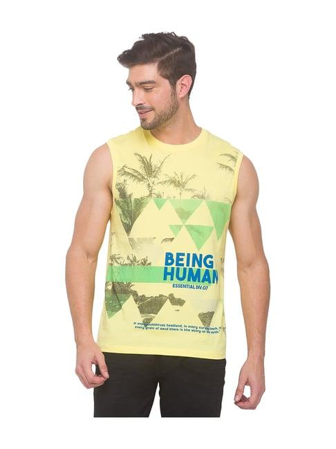 being human pale yellow printed sleeveless t-shirt