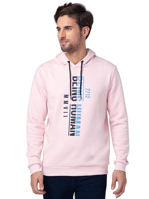 being human pink regular fit printed hooded sweatshirt