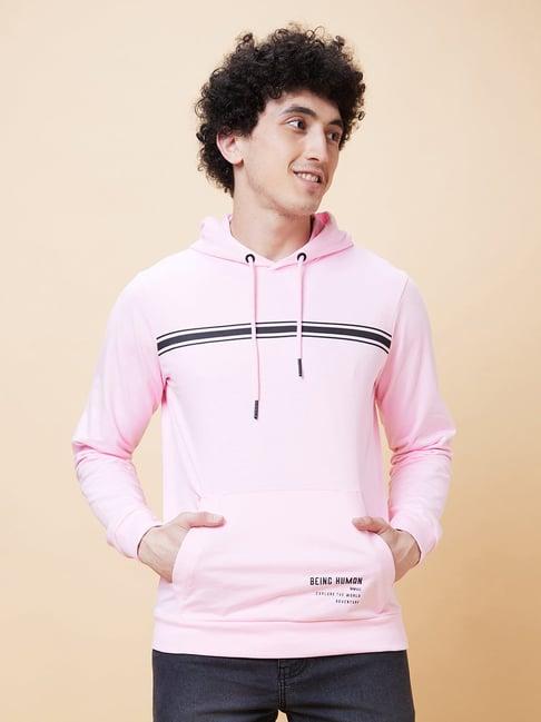 being human pink regular fit striped hooded sweatshirt