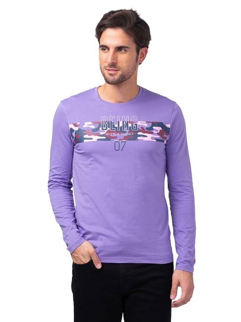 being human purple regular fit printed crew t-shirt