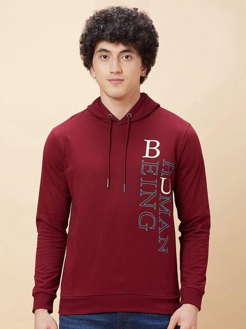 being human red regular fit printed hooded sweatshirt