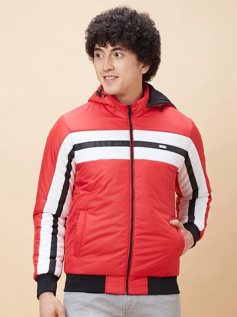 being human red regular fit striped hooded jacket