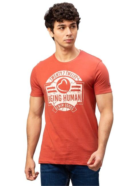 being human regular fit mens crew neck t-shirts -burnet brick