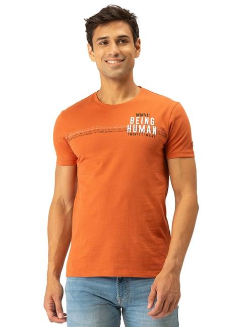 being human tan cotton regular fit printed t-shirt