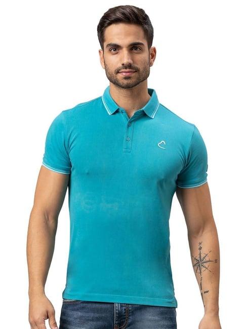 being human turquoise cotton regular fit polo t-shirt
