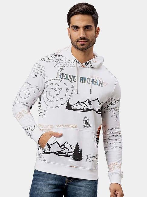 being human white cotton regular fit printed hooded sweatshirts