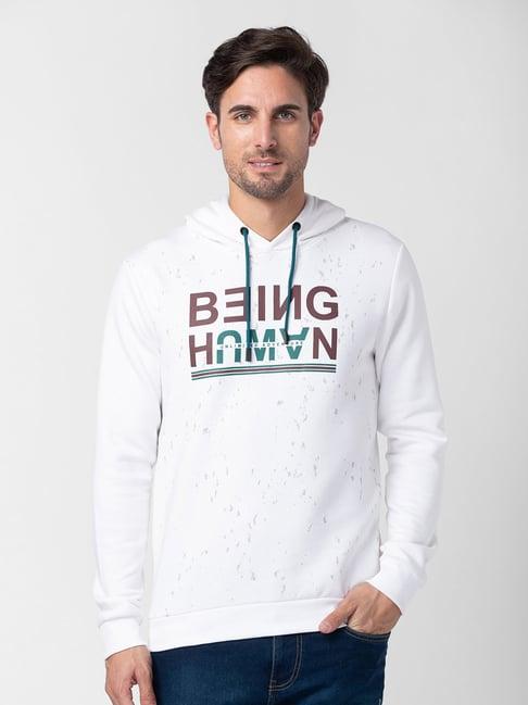 being human white regular fit printed hooded sweatshirt