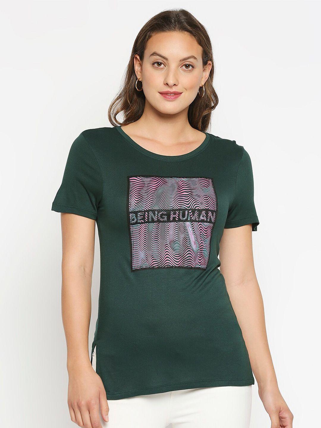 being human women green typography printed applique t-shirt