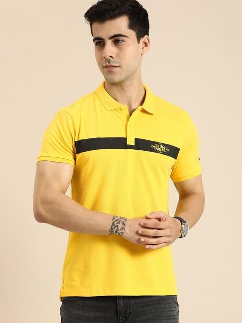 being human yellow cotton regular fit striped polo t-shirt