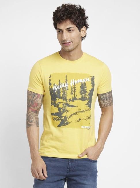 being human yellow regular fit printed t-shirt