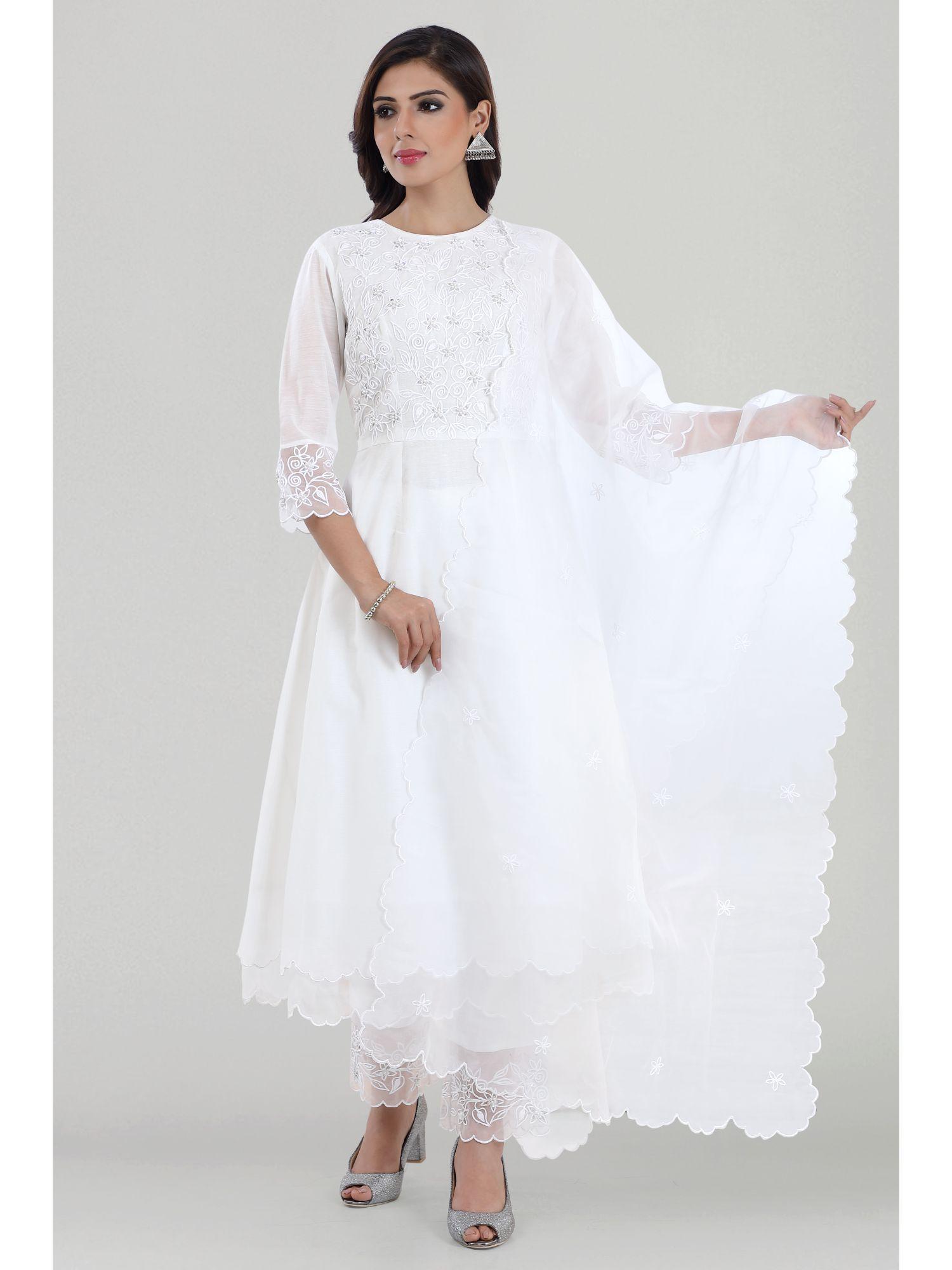 bela white dori embroidered chanderi kurta with pants and organza dupatta (set of 3)