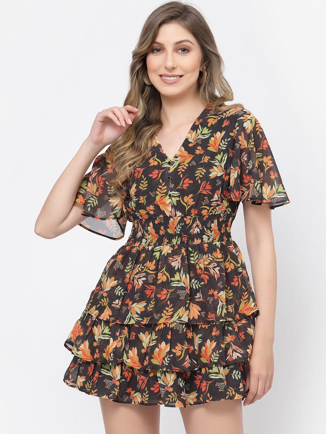 belavine floral print flared sleeve fit & flare mini dress