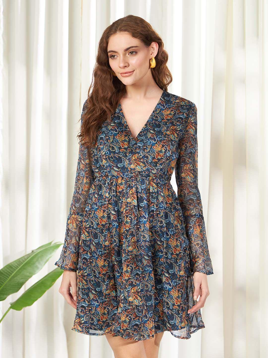belavine floral print flared sleeve fit & flare dress