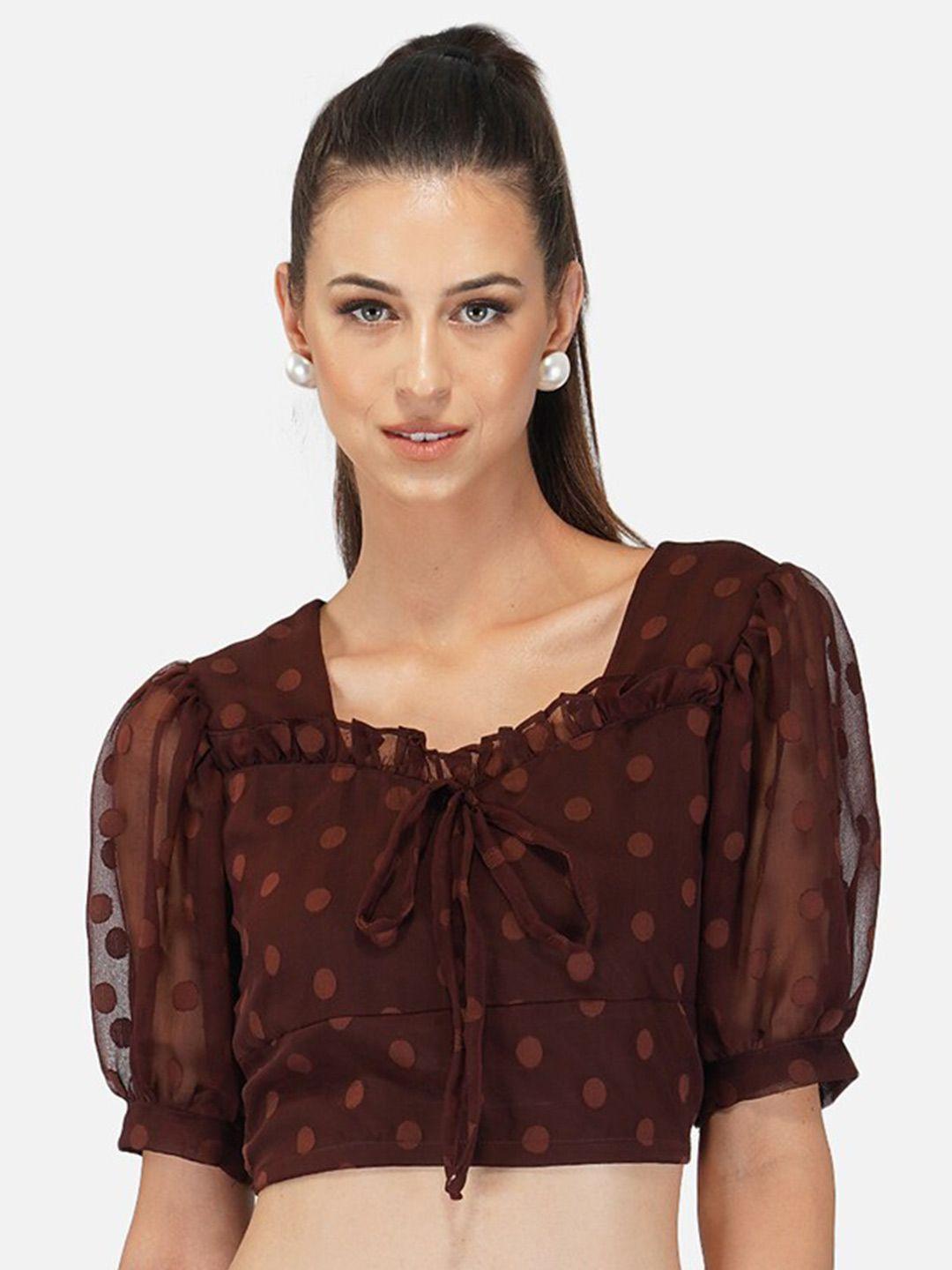 belavine floral print tie-up neck puff sleeve blouson crop top