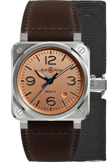 bell & ross instruments copper dial automatic watch with leather strap for men - br03a-gb-st/sca