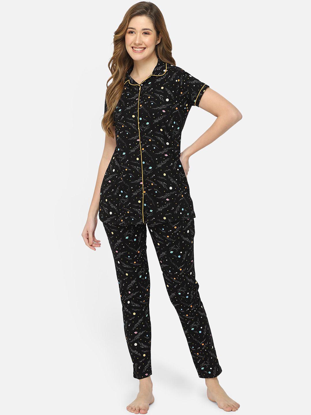 bell paper women black printed pure cotton night suit