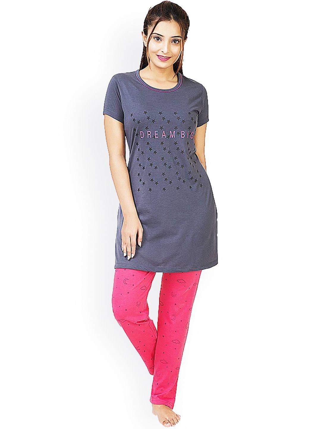bell paper women grey & pink pure cotton printed night suit