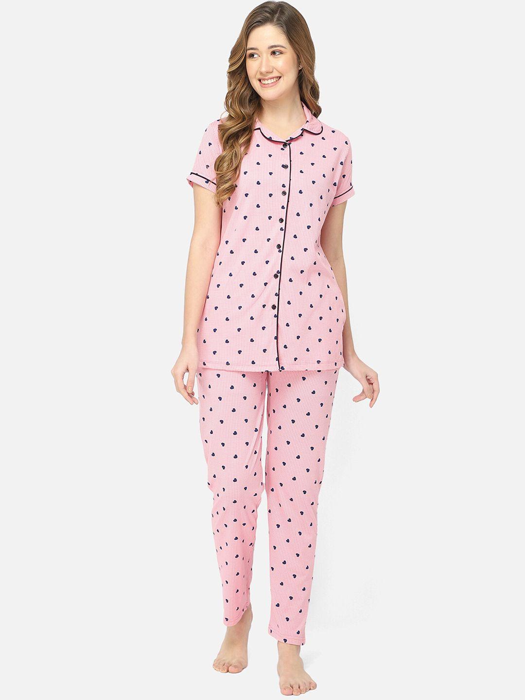 bell paper women pink & blue printed pure cotton night suit