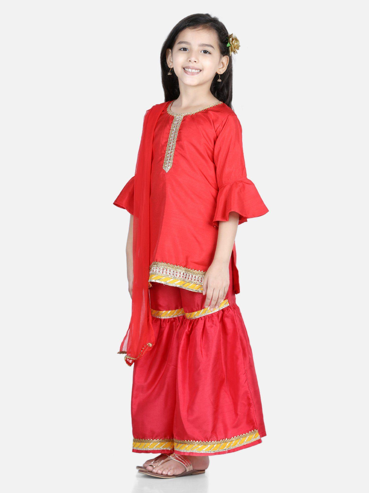 bell sleeve silk blend kurti sharara dupatta for girls- red (set of 3)