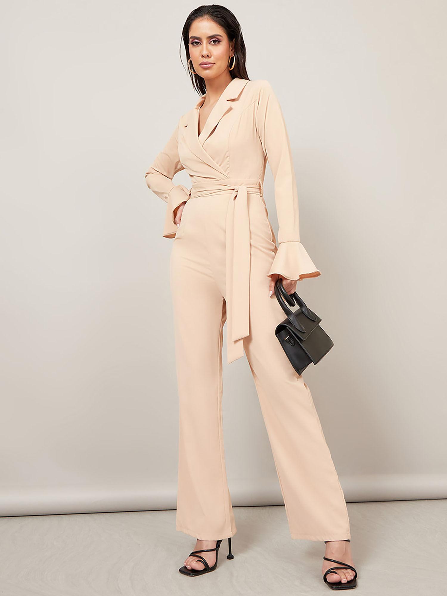 bell sleeve straight leg jumpsuit with tie belt (set of 2)