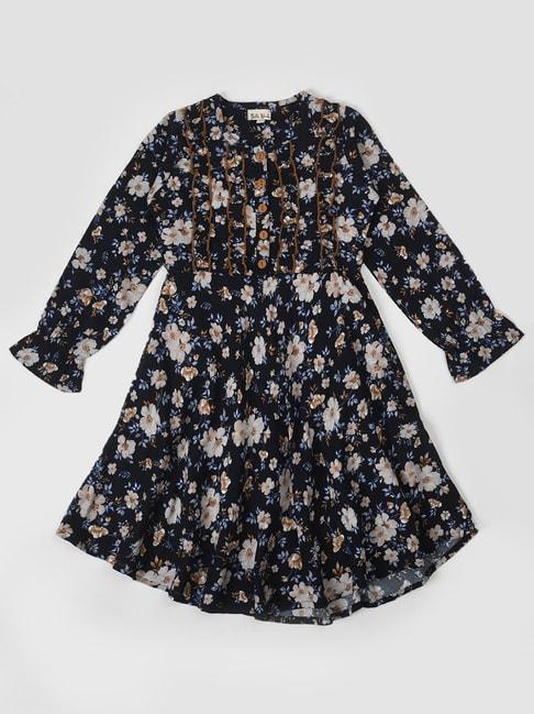 bella moda kids black floral print full sleeves fit & flare dress