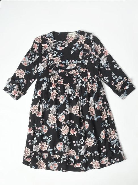 bella moda kids black floral print full sleeves fit & flare dress