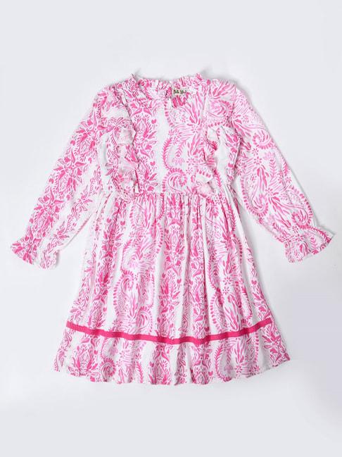 bella moda kids pink & white printed full sleeves fit & flare dress