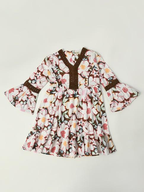 bella moda kids white & brown floral print fit & flare dress