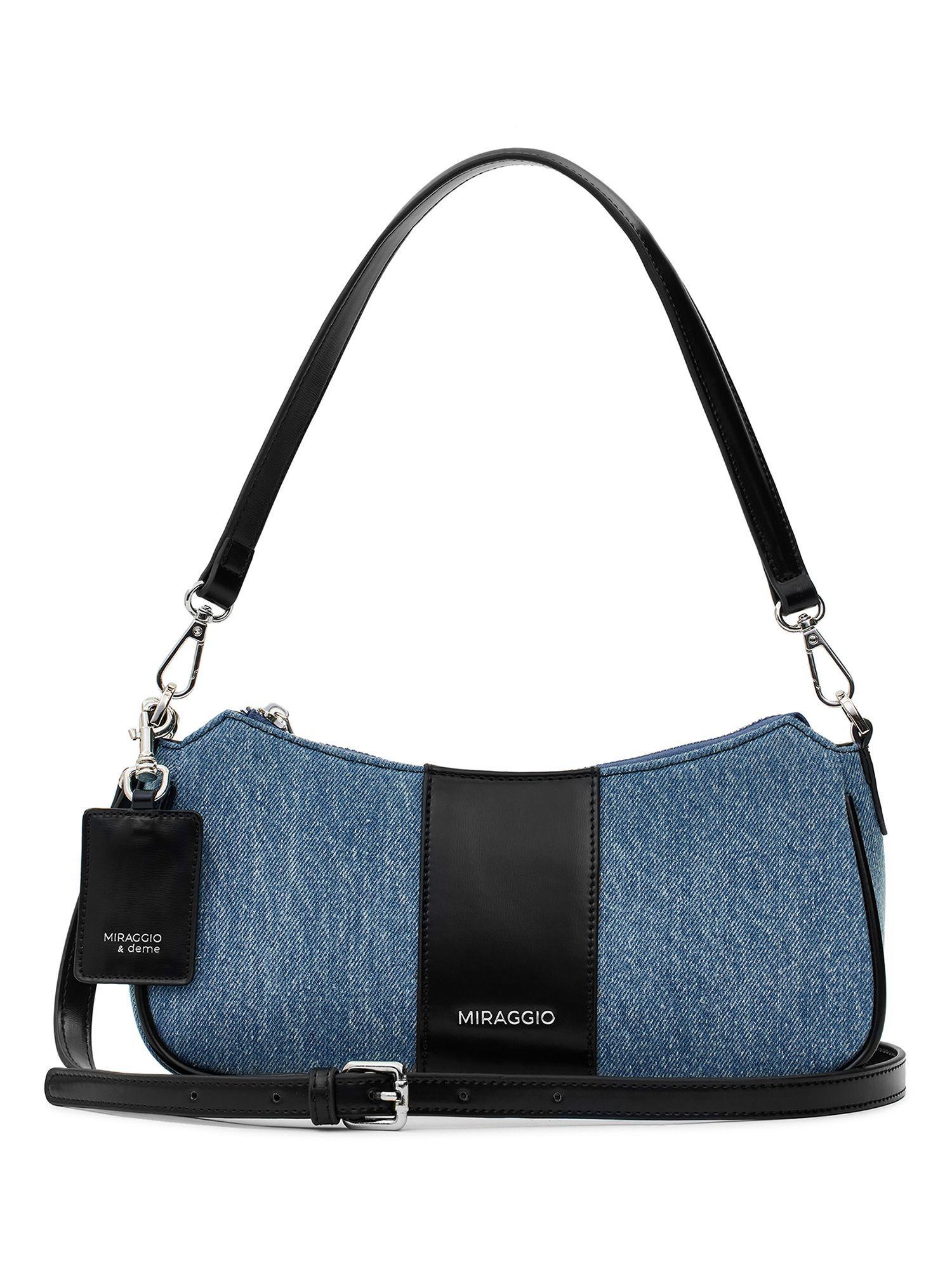 bella denim shoulder bag with crossbody strap for women -black and blue (s)