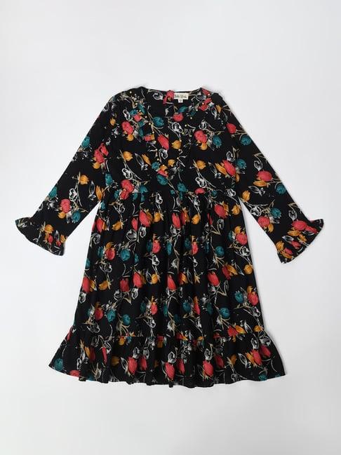 bella moda kids black floral print full sleeves fit & flare dress