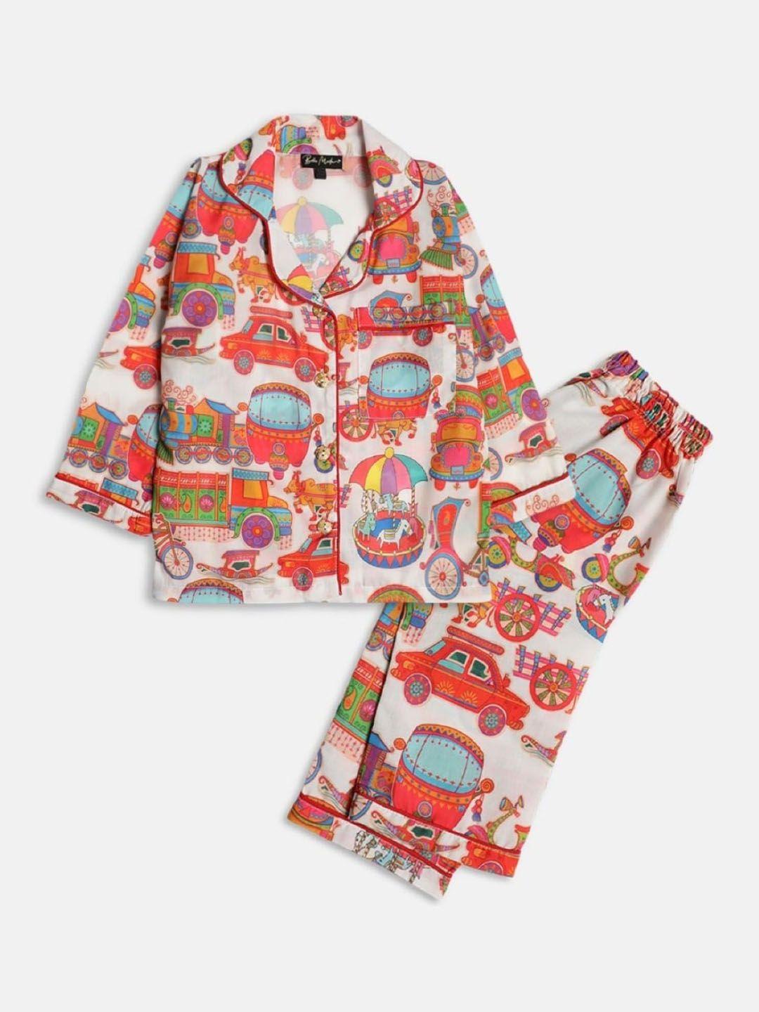 bella moda kids conversational printed lapel collar pure cotton night suit