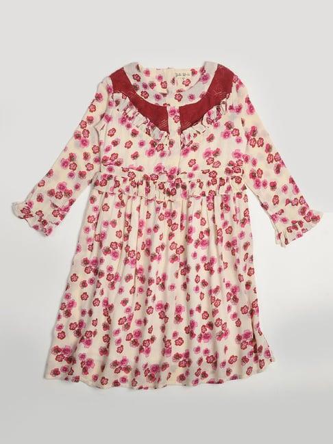 bella moda kids cream & pink floral print full sleeves fit & flare dress