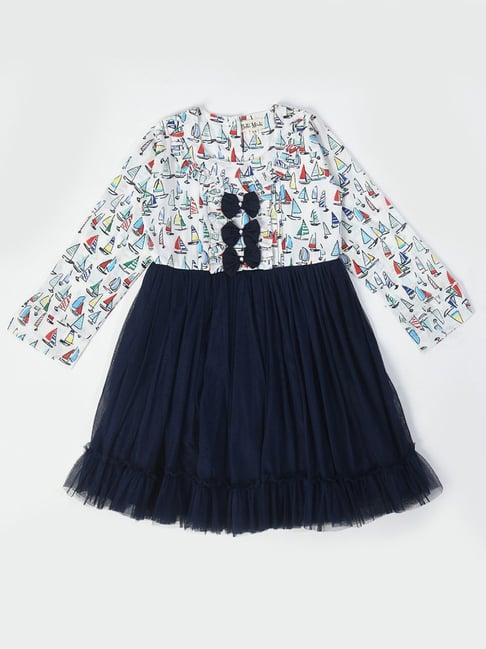 bella moda kids navy & white printed full sleeves fit & flare dress