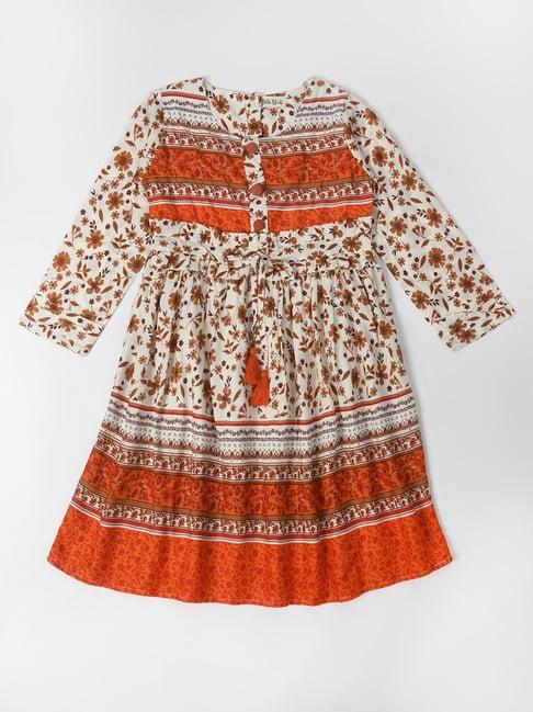 bella moda kids orange & white floral print full sleeves fit & flare dress