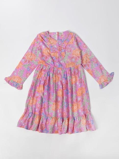 bella moda kids purple floral print full sleeves fit & flare dress