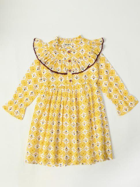bella moda kids yellow printed full sleeves fit & flare dress