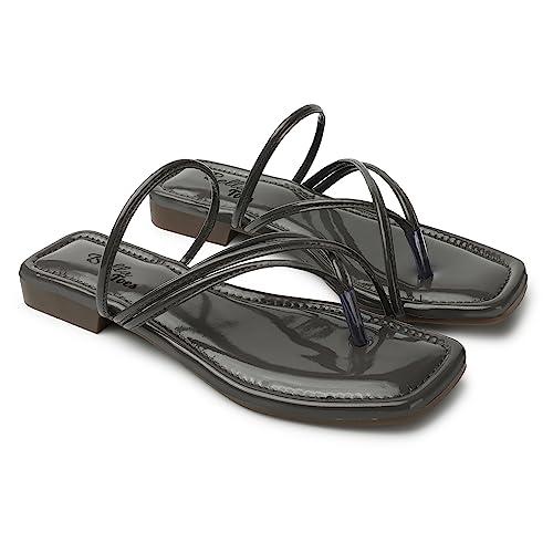 bella toes casual synthetic leather casual v strap flat sandals for womens & girls (black, numeic_3)