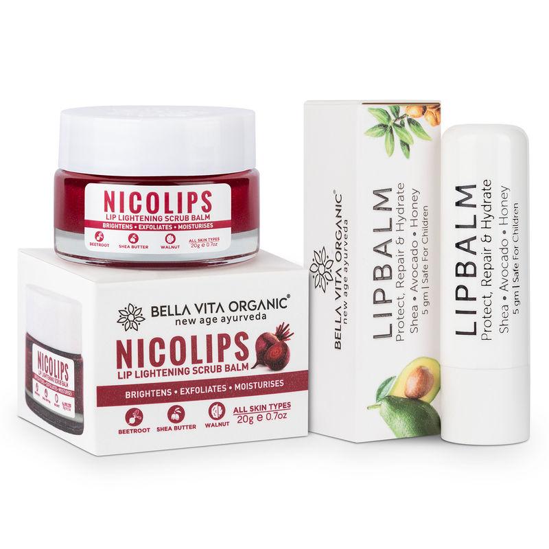 bella vita organic nicolips lip scrub & nicobalm lip balm combo for dry, chapped & dark lips