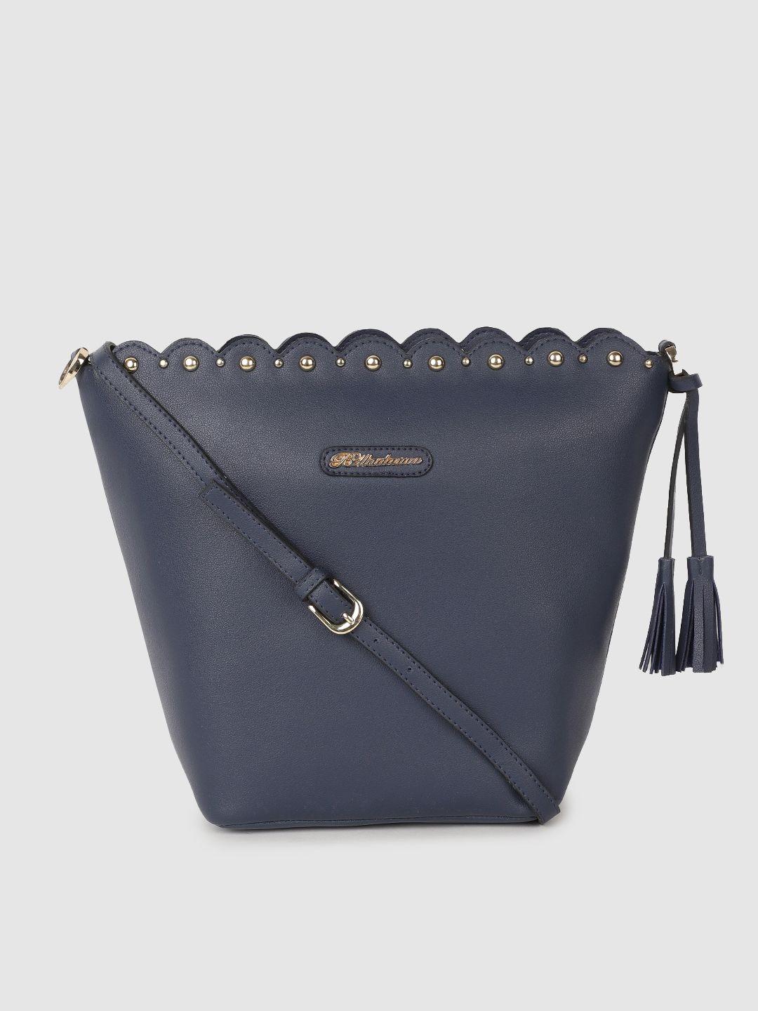 belladama navy blue solid sling bag with tassel