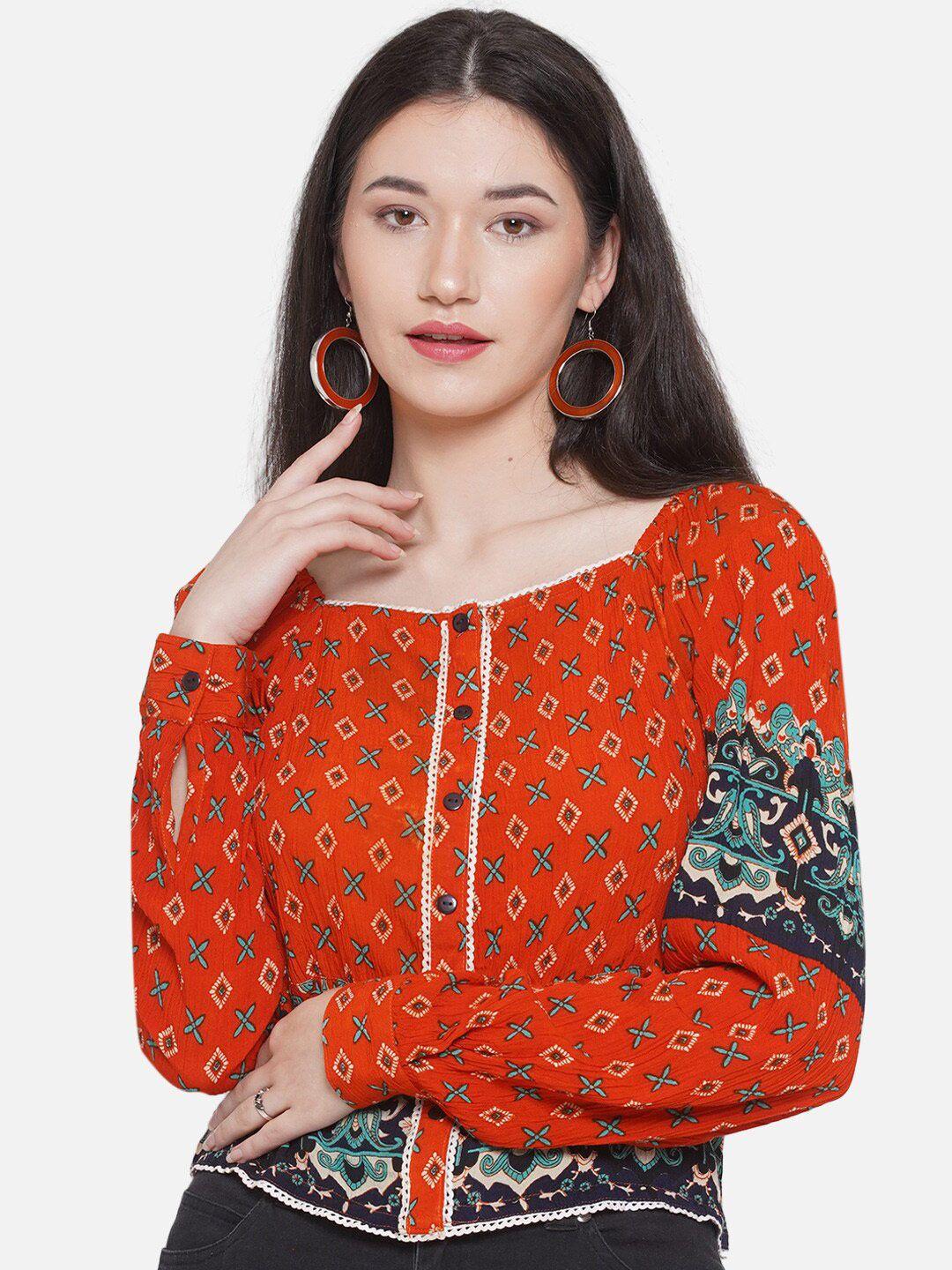 bellamia ethnic motifs printed square neck cuffed sleeves shirt style top
