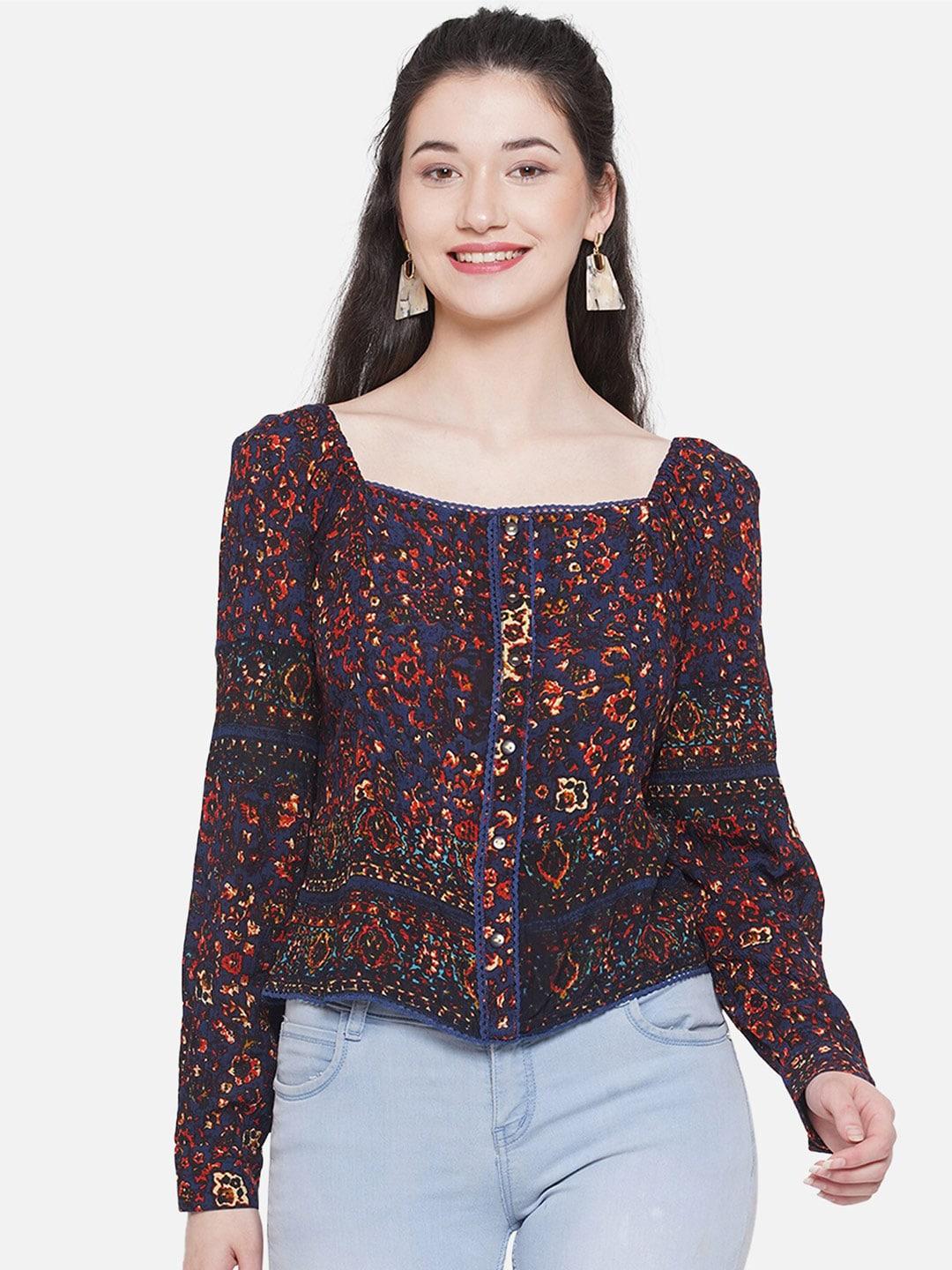bellamia floral printed square neck cuffed sleeves shirt style top