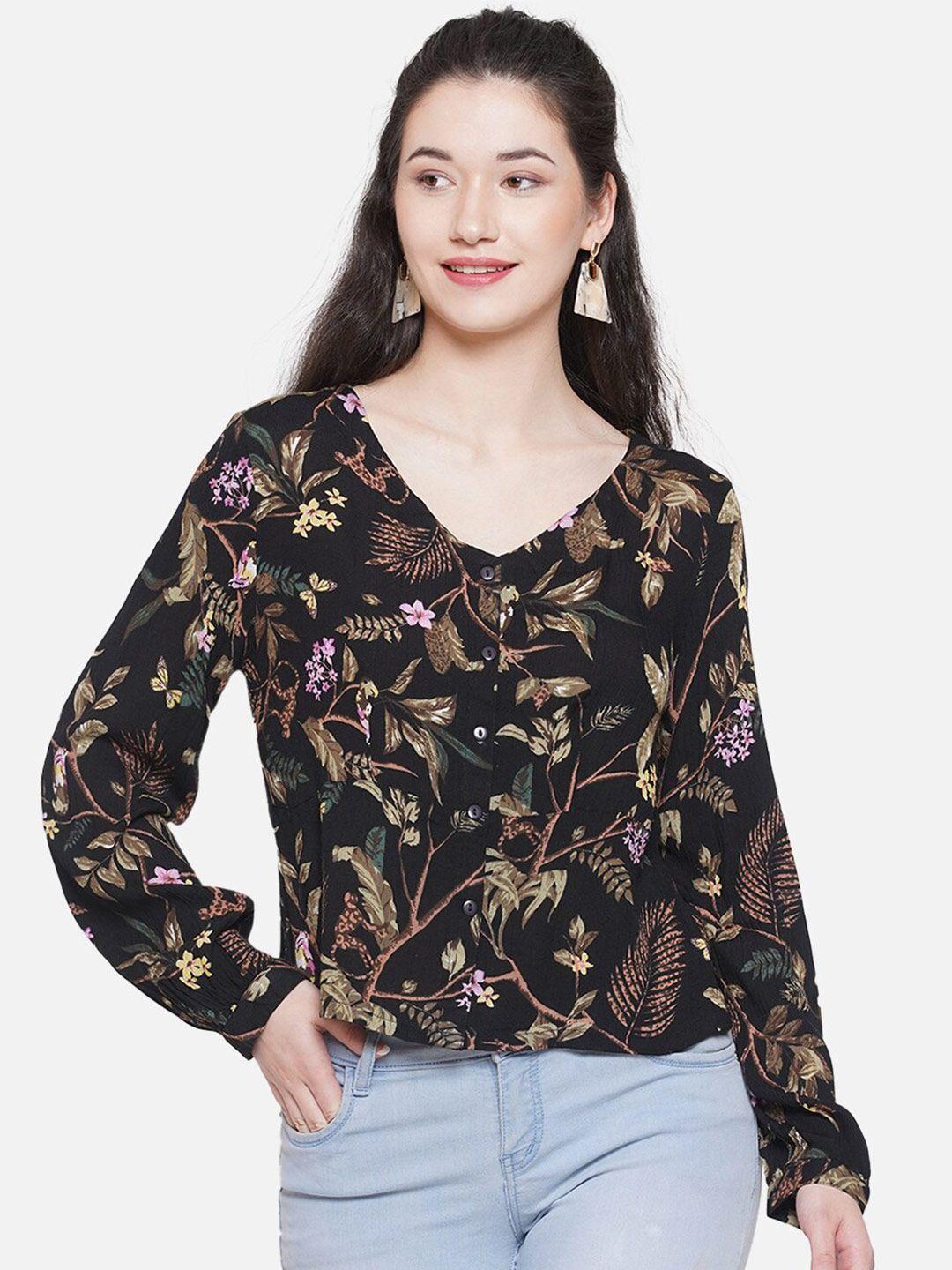 bellamia floral printed v-neck cuffed sleeves shirt style top