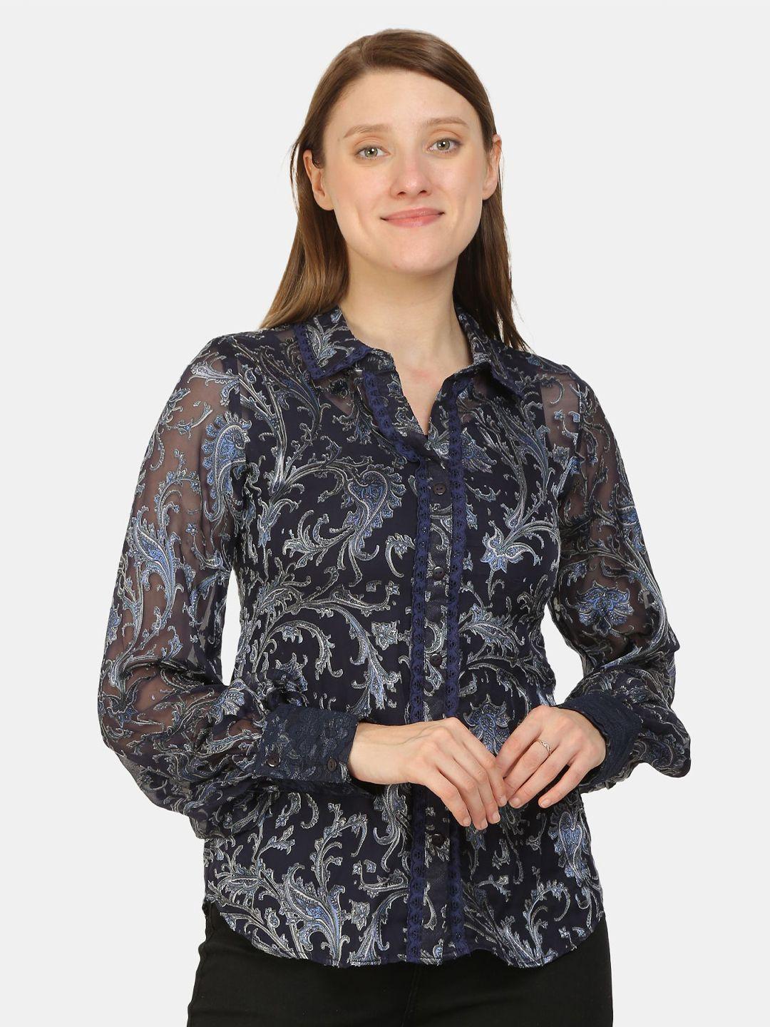 bellamia women blue slim fit sheer printed casual shirt