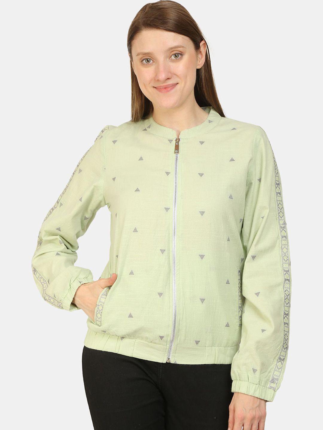 bellamia women green cotton geometric open front jacket