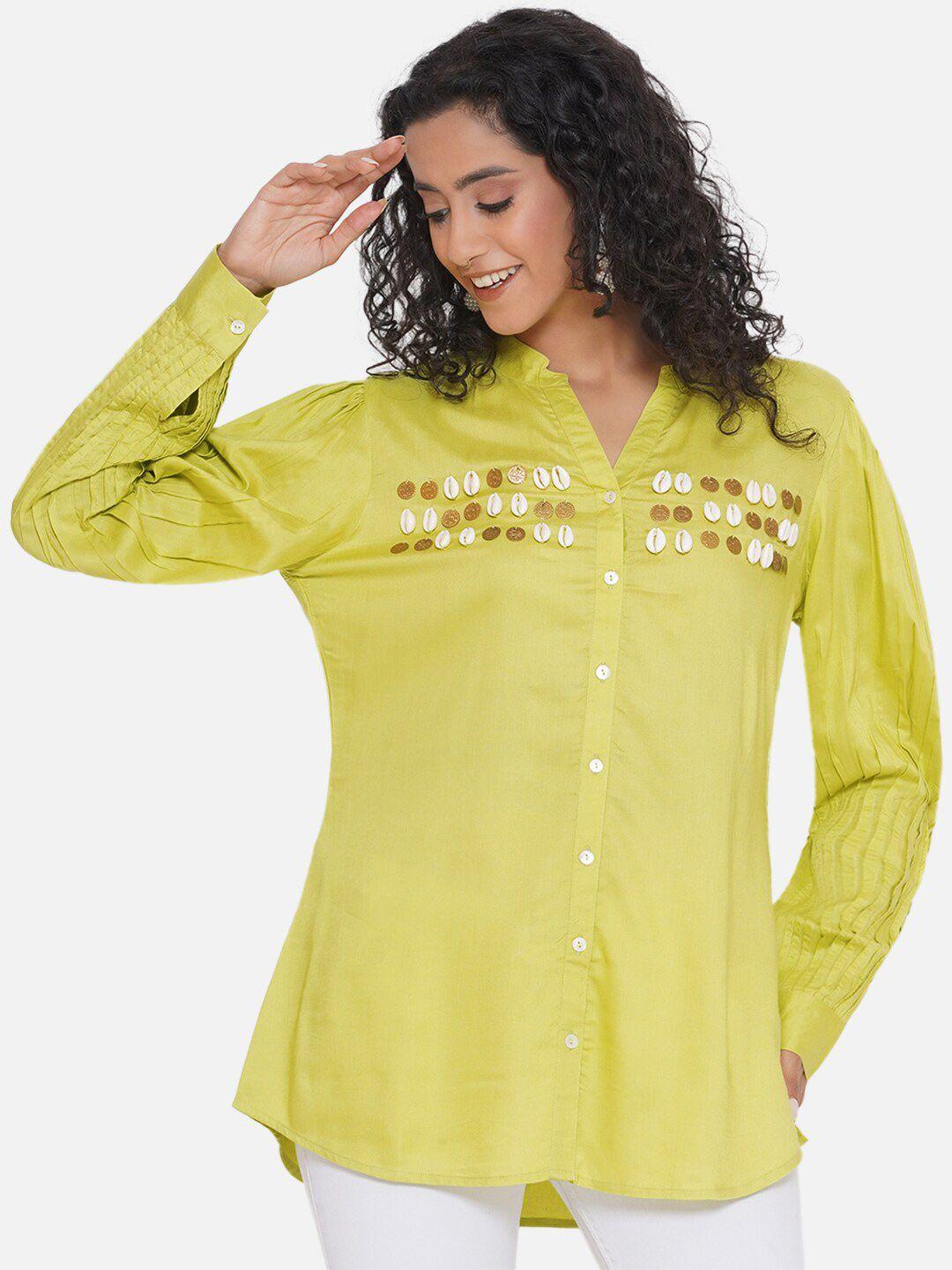 bellamia women lime green smart tailored fit opaque semiformal shirt