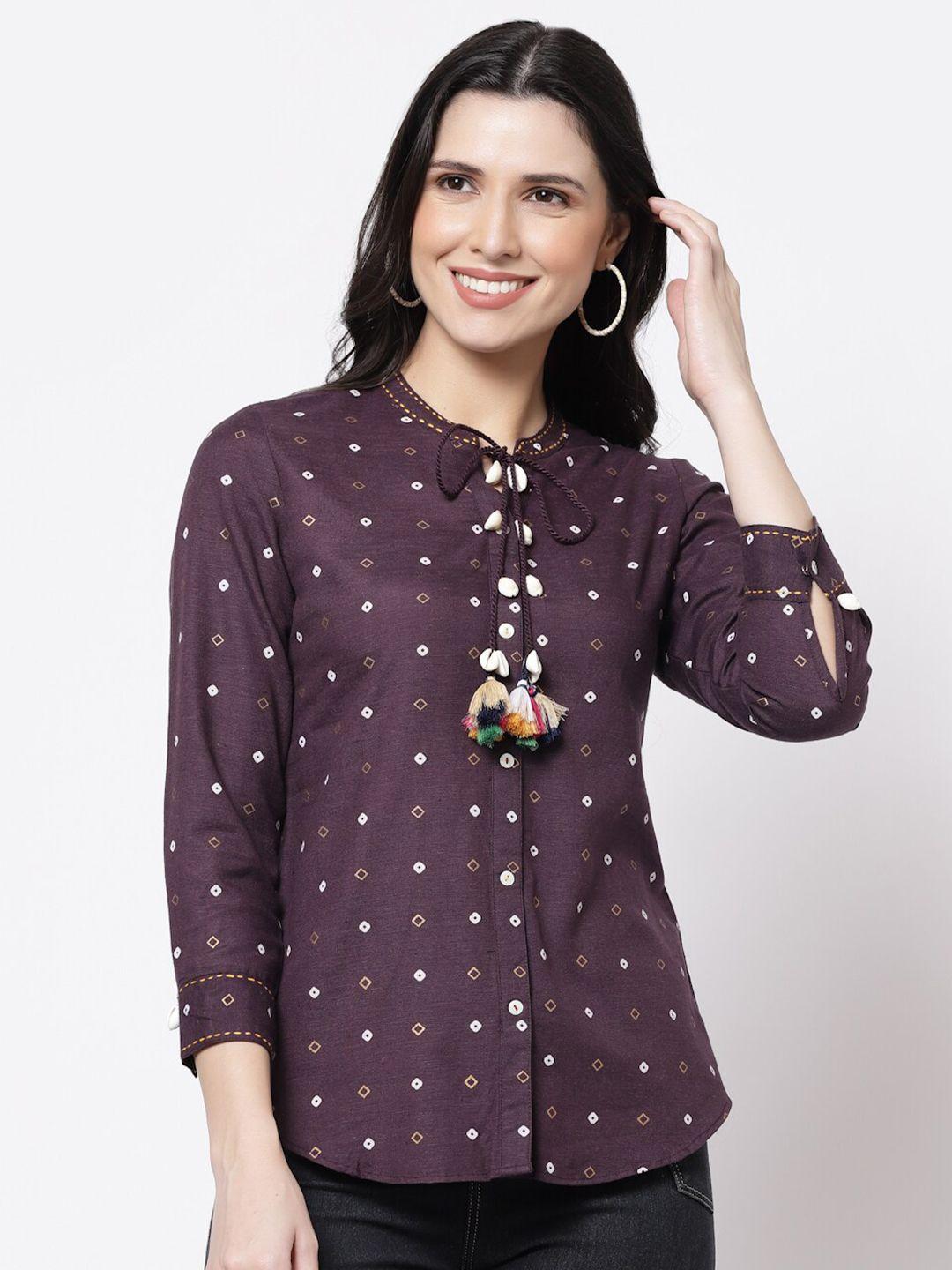 bellamia women purple custom tailored fit printed casual shirt