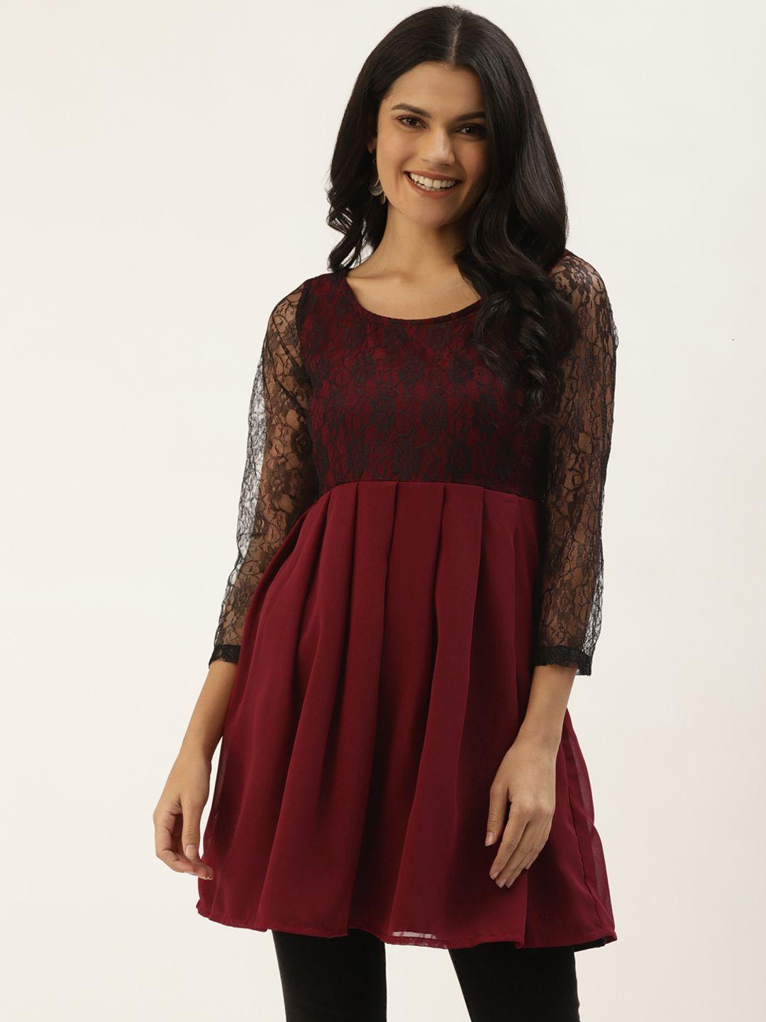 belle fille black & maroon a-line top with lace inserts & pleated detail