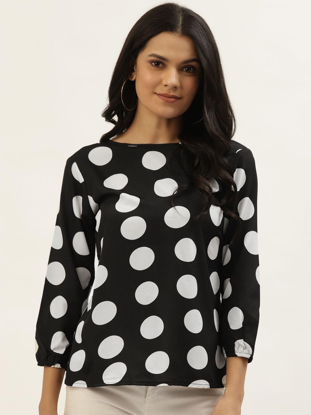 belle fille black & white polka dot print puff sleeves bow detail styled back top