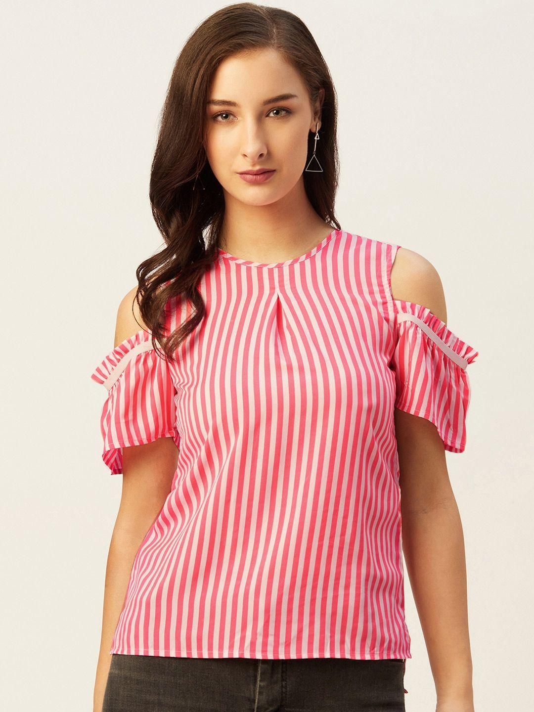 belle fille pink & white striped cold-shoulder sleeves crepe regular top