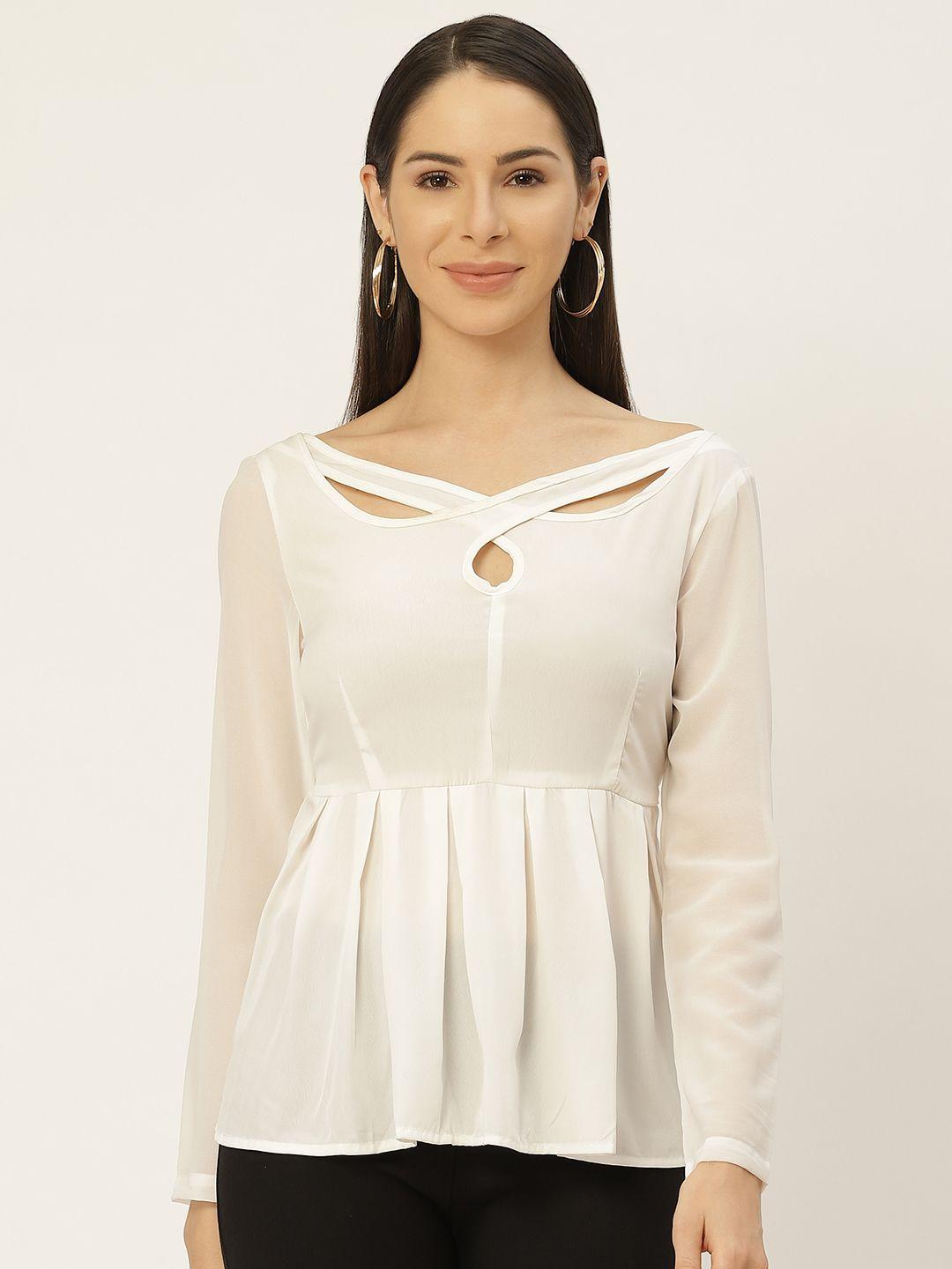 belle fille white solid cut-outs crepe peplum top